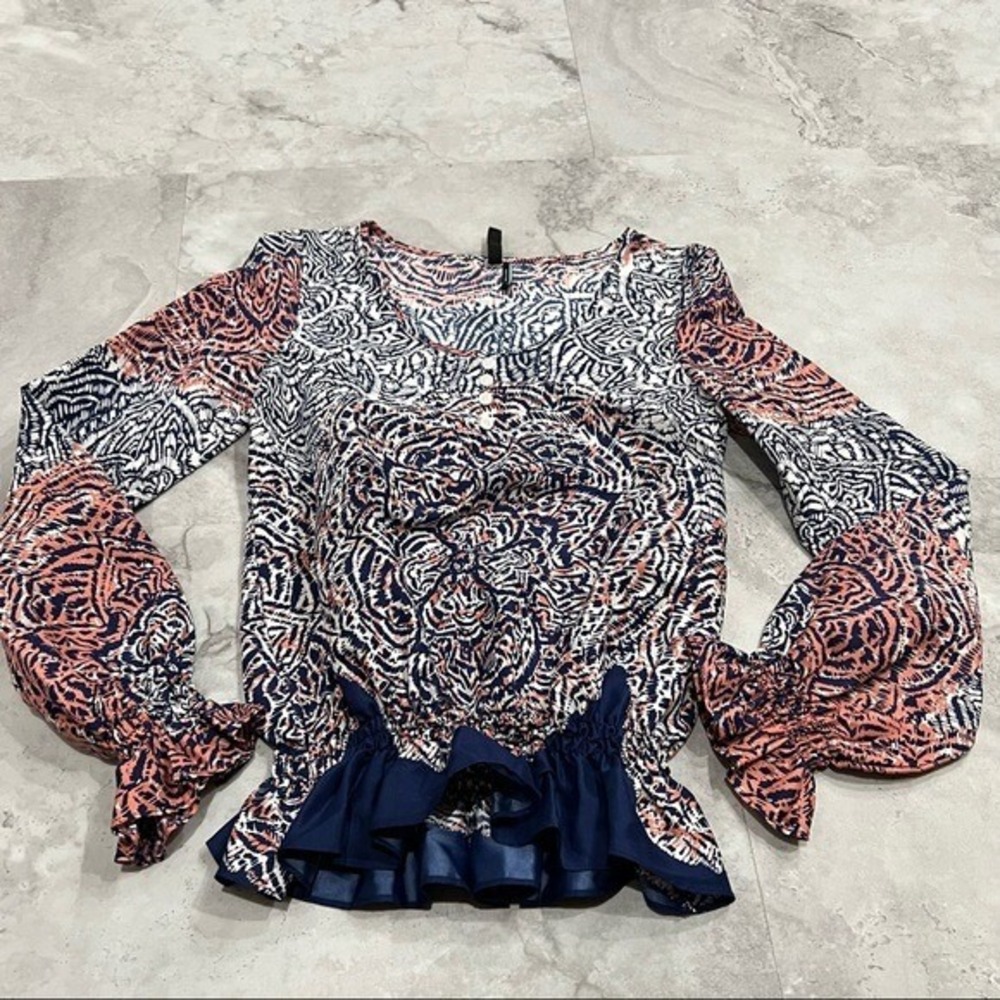 Guess by Marciano Womens XSmall XS Peplum Blouse Navy Pink Abstract Print